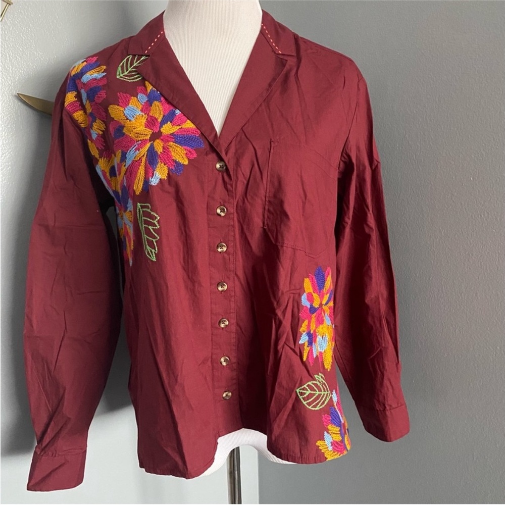 Anthropologie Maeve  Embroidered Button Down Blouse Red Wine Burgundy Size 8